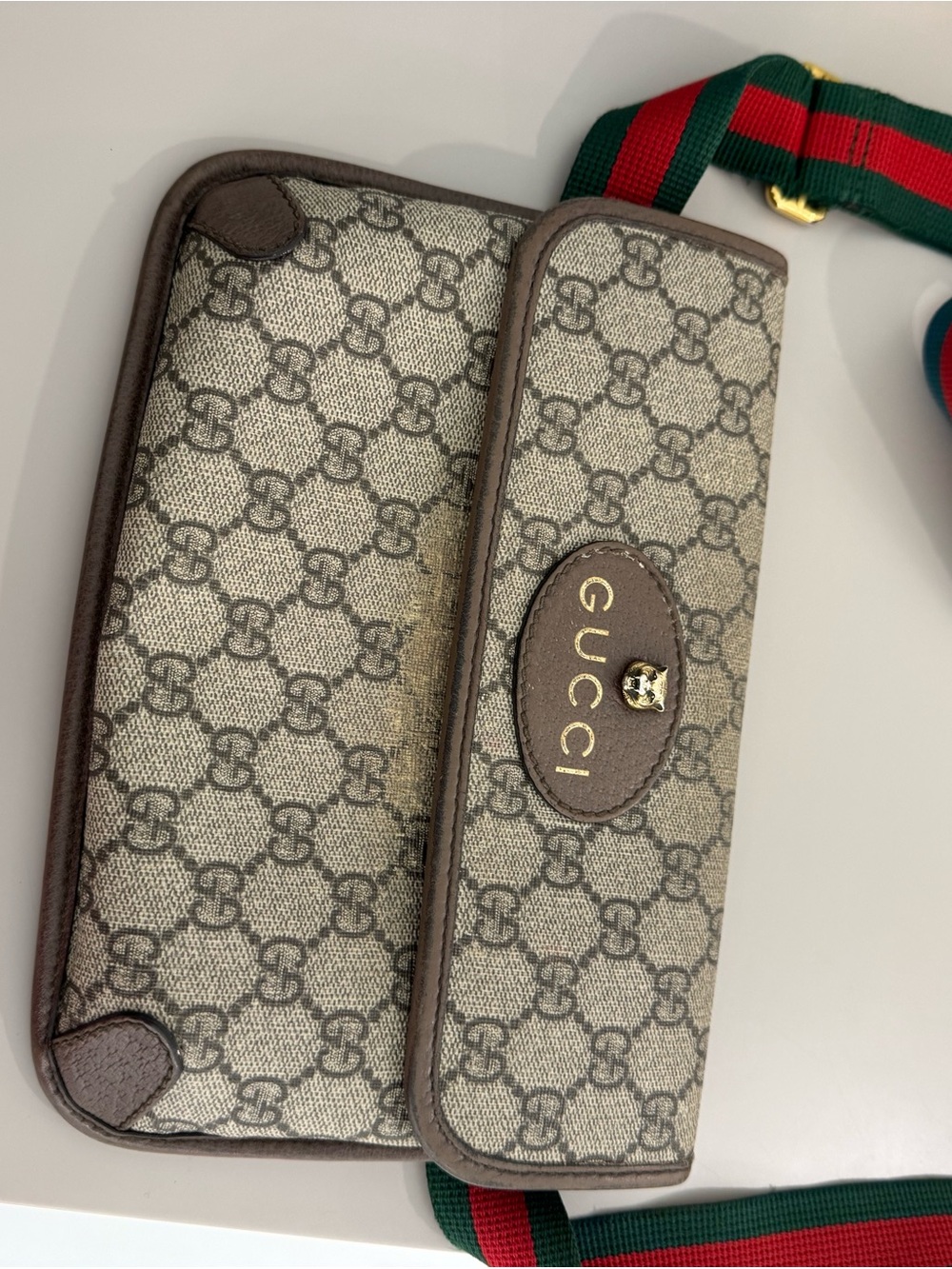 Gucci Beige GG Monogram Crossbody Bag with Green-Red Web Strap